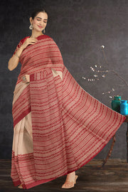 Beige Printed Tussar Silk Saree 10076299