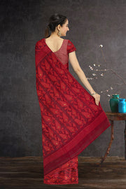 Red Handloom Jamdani Style Cotton Saree with Blouse 10074228