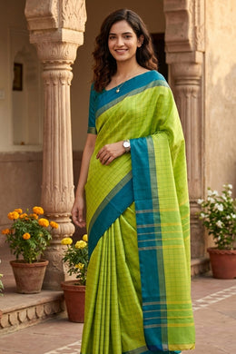 Green Vegan Silk Kanjivaram Saree With Checks Design 10076313