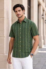 Green Indigo Hand block Print Cotton Mens Half Sleeve Shirt 10076848