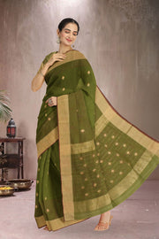 Green Hand Block Printed Chanderi Saree 10030043