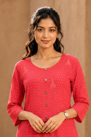 Reddish Orange Hand Embroidered Cotton Kurta 10077664
