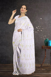 White Handloom Jamdani Style Cotton Saree with Blouse 10074225
