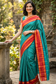 Green Vegan Silk Kanjivaram Saree With Checks Design 10076326