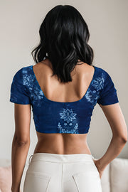 Blue Floral Motif Indigo Hand Block Print Cotton Blouse 10074567
