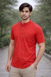 Ikat Cotton Men's Short Kurta With Slim-Fit Design & Front Pocket 10076950