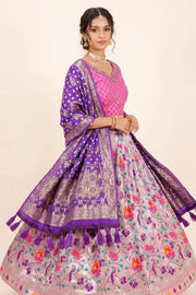 Pink Handcrafted Paithani Lehenga - 10065968