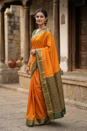 Saffron Orange Semi Mysore Crepe Silk Saree 10077807