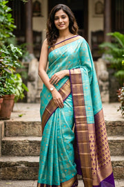 Blue Kanjivaram Vegan Silk Saree 10076043