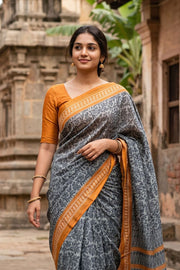 Dark Grey Printed Semi Tussar Silk Saree 10077231