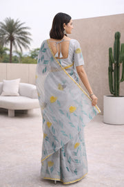 Grey Hand Painted Organza Saree 10065930