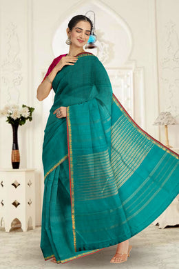 Teal Blue Kanjivaram Silk Saree with Checks Design 10075530