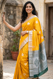 Yellow Kanjivaram Vegan Silk Saree with Contrast Pallu 10074870
