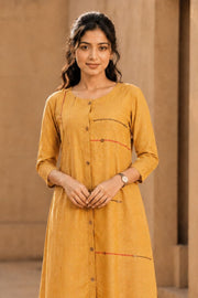 Mustard Yellow Embroidered Cotton Dress 10077654