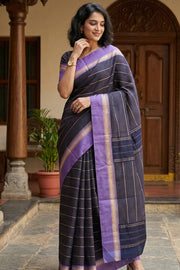 Kanjivaram Blue Vegan Silk Saree With Stripes Design 10076332