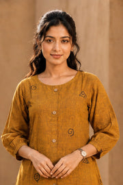 Ochre Yellow Hand Embroidered Cotton Kurta 10077644