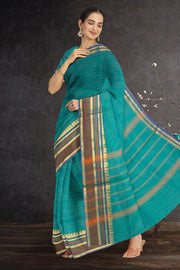 Green Handloom Chettinad Cotton Saree With Temple Border 10075902