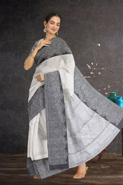 Silver White Pure Zari Korvai Kanjivaram Tissue Silk Saree 10063074
