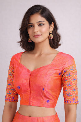 Pink Aari Embroidered Silk Blouse 10068937