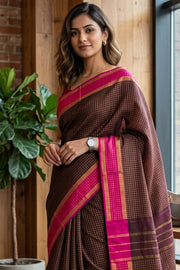 Brown Vegan Silk Kanjivaram Saree With Checks Design 10076324