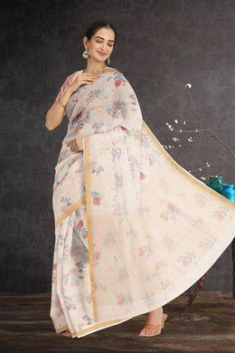 Cream Handloom Printed Chanderi Saree 10071045