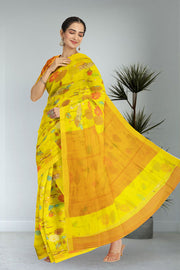 Yellow Swans motifs Chanderi Printed Silk Cotton Saree 10075935