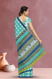 Blue Hand Block Printed Cotton Saree 10071489