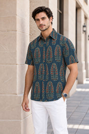 Blue Half Sleeve Ajrakh Printed Cotton Mens Shirt 10071086