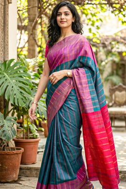 Blue Kanjivaram Vegan Silk Saree With Stripes Design 10076344