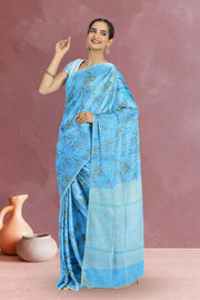 Blue Parrot Motifs Chanderi Printed Silk Cotton Saree 10075927