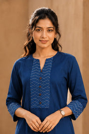 Blue Hand Block Cotton Kurta with Embroidered Yoke 10077660