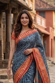Aqua Blue Printed Semi Tussar Silk Saree 10077232