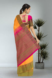 Saffron Yellow Threadwork Kanjivaram Silk Saree 10059197