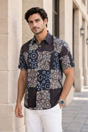Black Half Sleeve Ajrakh Printed Cotton Mens Shirt 10072989