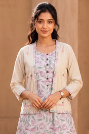 Offwhite Hand Block Printed Cotton Dress With Coat 10077615