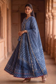 Blue Hand Block Printed Chaniya Choli with Kota Doria Dupatta 10066321