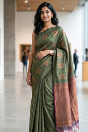 Kombu Green Jute Weave Kanjivaram Vegan Silk Saree 10074648