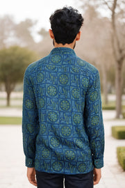 Blue Full Sleeve Vanaspathi Print Modal Silk Mens Shirt 10074063