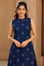 Navy Blue Handloom Cotton Dress with High Neck Design 10077635