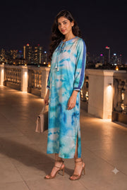 Blue Printed Vegan Charmeuse Silk Dress 10074048