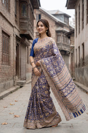 Navy Blue Kani Printed Silk Saree 10077864