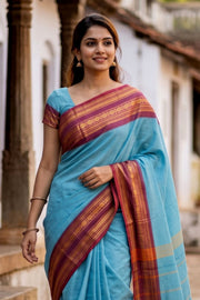 Sky Blue Handloom Chettinad Cotton Saree 10077334