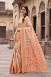 Peach Chikankari Embroided Kota Cotton Saree 10078110