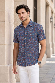 Blue Half Sleeve Ajrakh Printed Cotton Mens Shirt 10071095