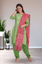 Green Bandhani Mirror Work 3 Piece Salwar Suit Material 10075484