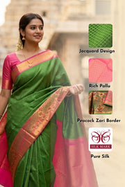 Green Kanjivaram Pure Silk Saree With Peacock Border 10077918