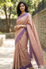 French Beige Kanjivaram Vegan Silk Saree with Block Design 10075559