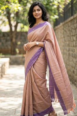 French Beige Kanjivaram Vegan Silk Saree with Block Design 10075559