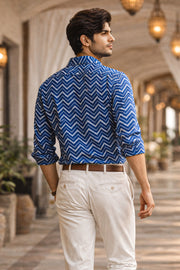 Indigo Handblock Print Pre-Washed Pure Cotton Shirt 10076873