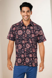 Black Half Sleeve Jahota Printed Cotton Mens Shirt 10074311